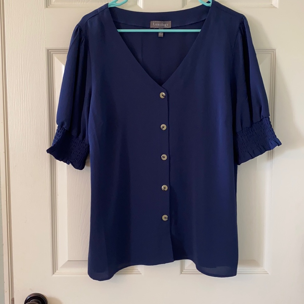Luxology v-neck Navy button down blouse.